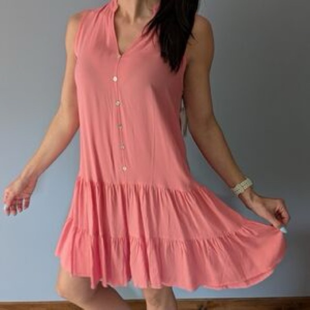 Nine West Women’s Small Sleeveless Button-Front Tiered Pink Dress